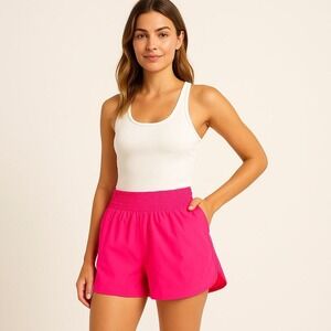 Women's Hot Pink Athletic Shorts Size L Smocked Waistband Polyester Spandex